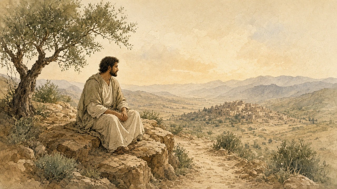 A person sits quietly on a sandstone overlook beneath an olive tree, looking toward a distant village.