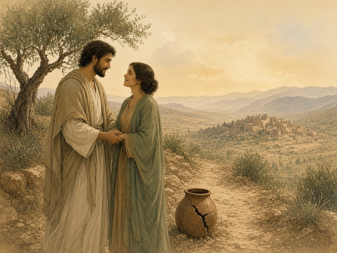 A man and a woman take each other's hands, a cracked jar set aside.