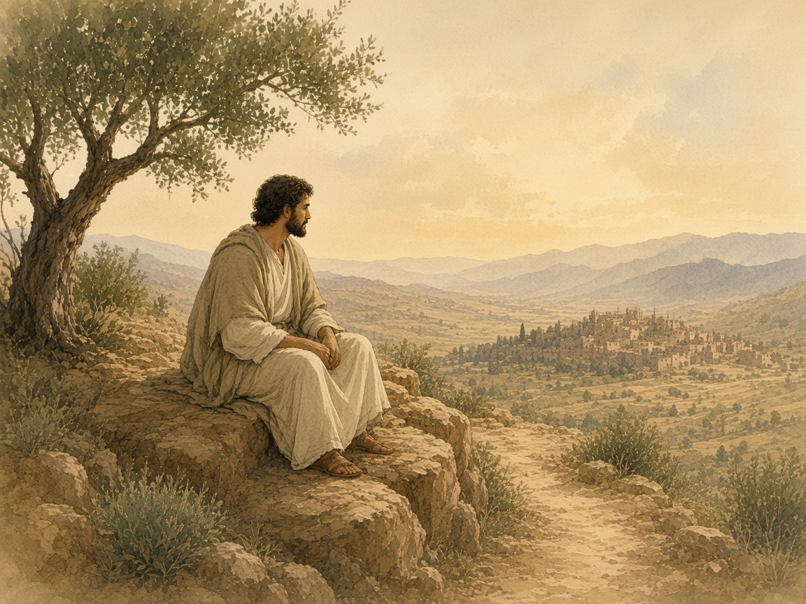 A man sits quietly beside a woman under an olive tree.