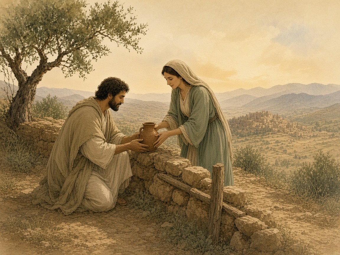 A man repairs a fence while a woman offers a cup of water.