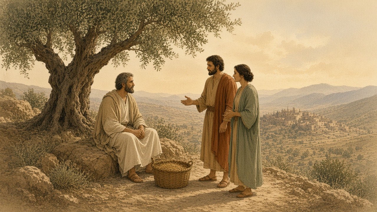 An elder listens to two people beneath a tree, a measuring basket of grain between them.