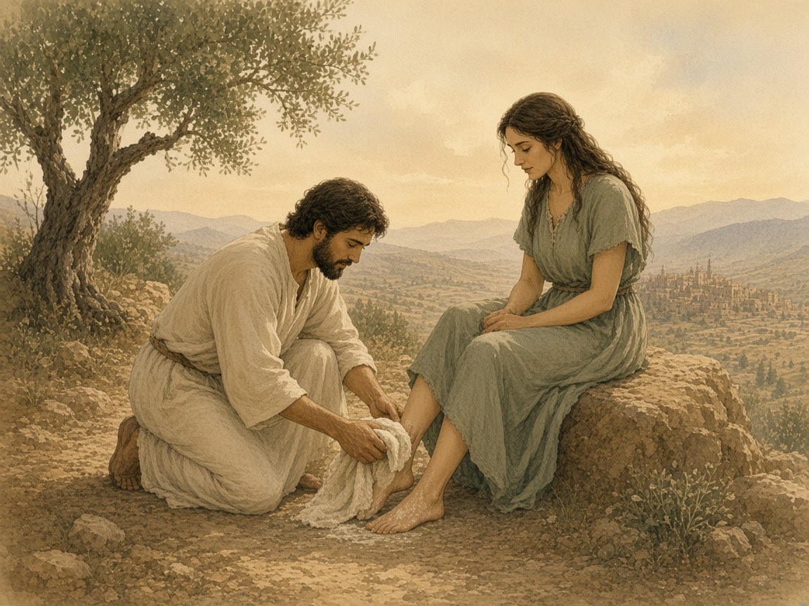 A man kneels to wash a woman's feet with a towel and basin.