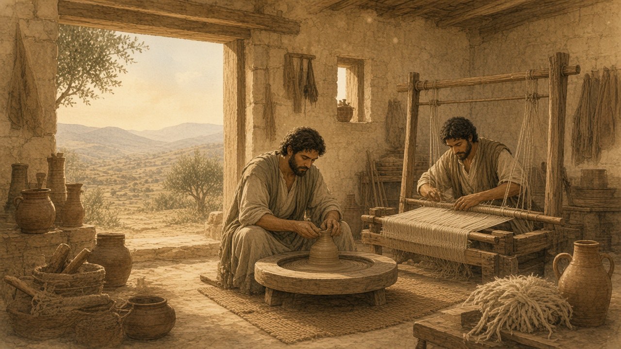 In a workshop, one person shapes clay at a wheel while another works at a loom.