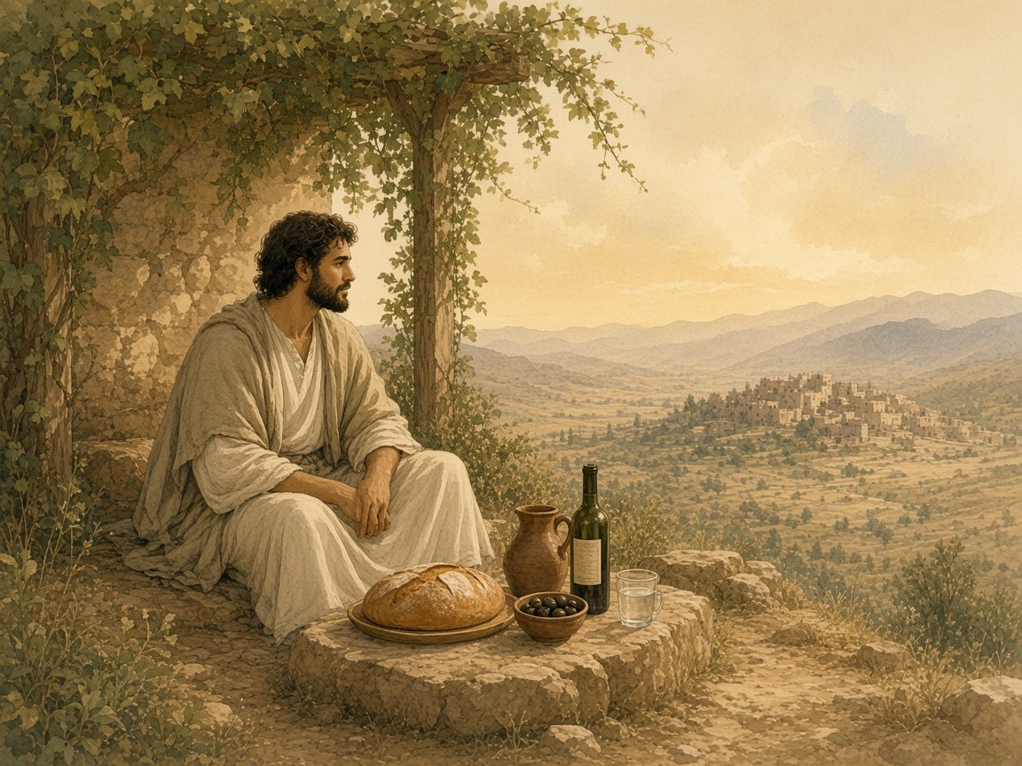 A man rests in vine shade with bread, olives, and water.