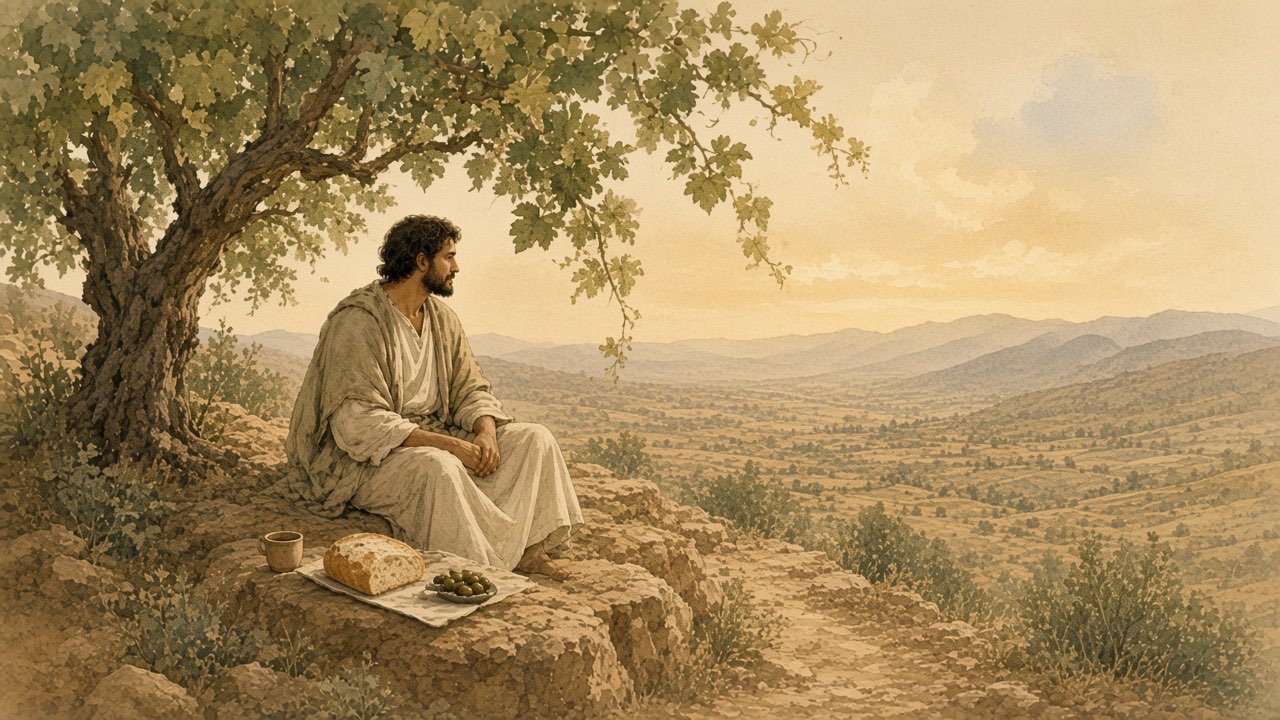 A person rests in vine shade with bread, olives, and a cup of water.
