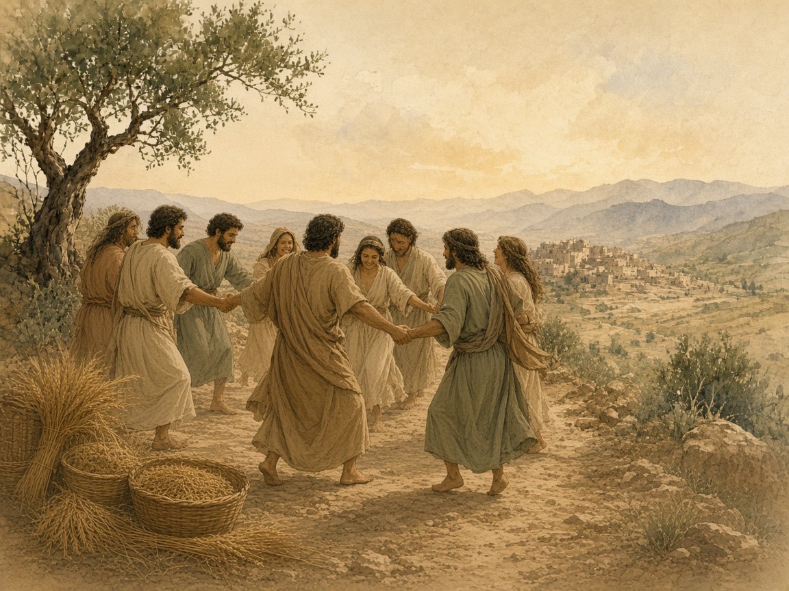 Men and women dance a simple line beside baskets of grain.