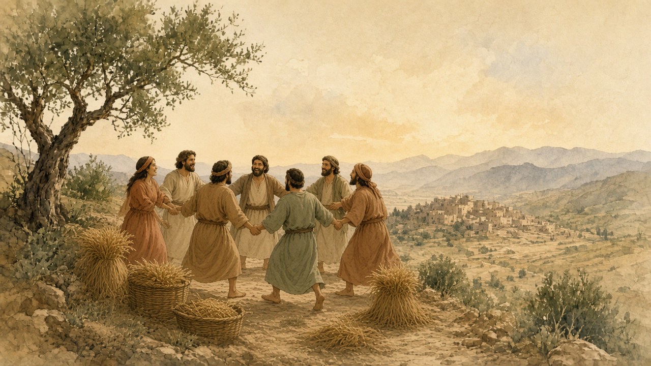Villagers dance a simple line beside baskets of grain at harvest.