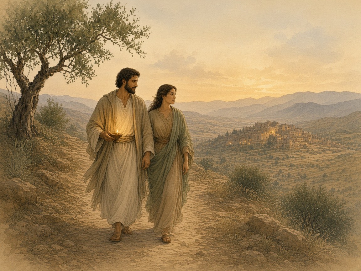 A man with a lamp and a woman walk a twilight path toward a village.