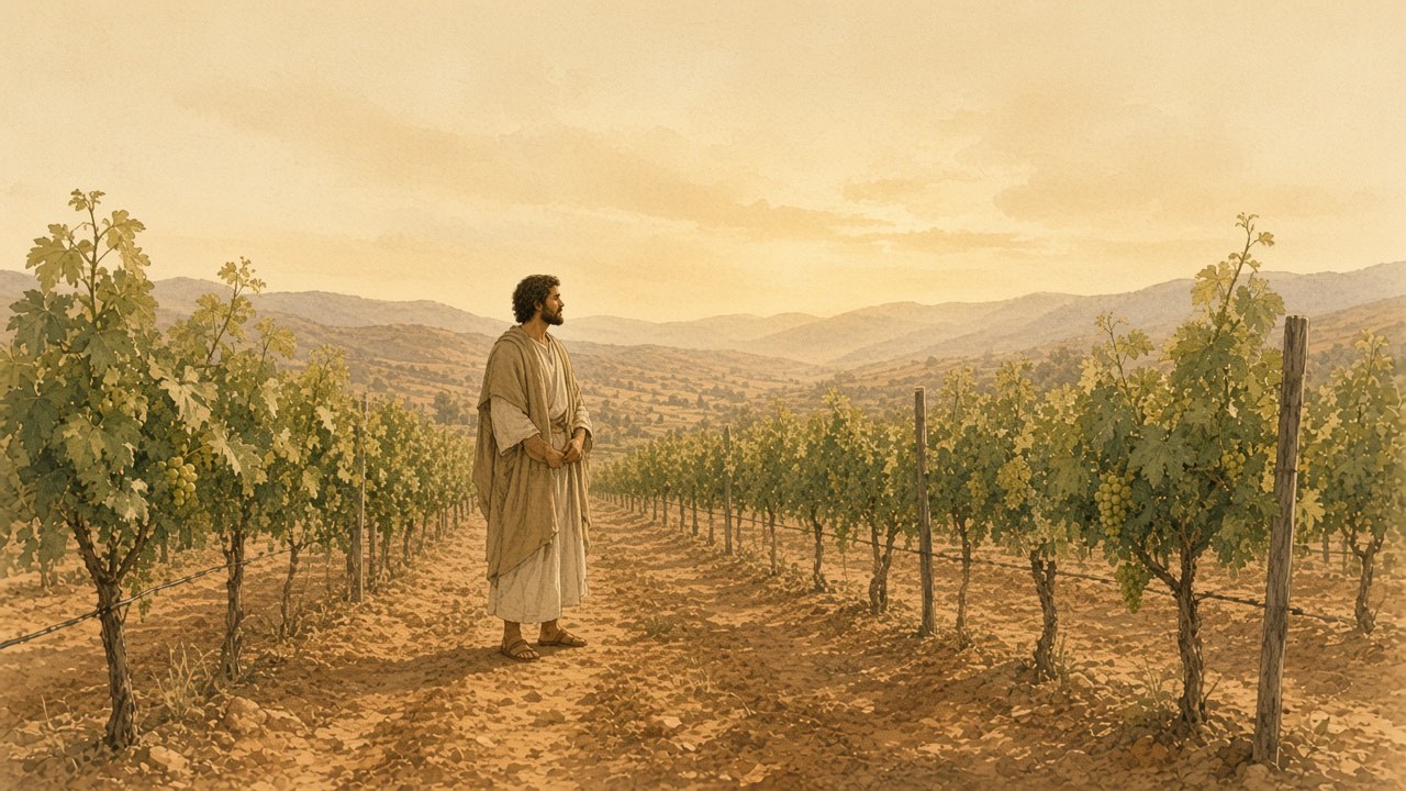 A person waits among young grapevines with a few small clusters of green fruit.