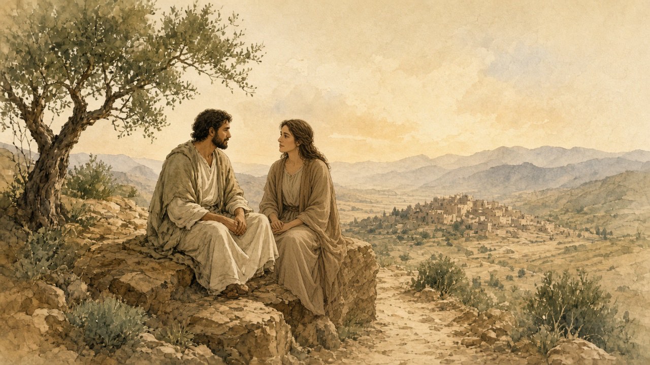 Two people sit beneath an olive tree, one quietly keeping company with the other.
