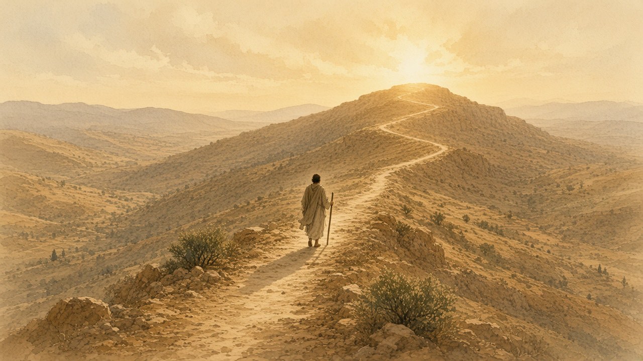 A lone walker follows a long switchback path toward morning light on a ridge.