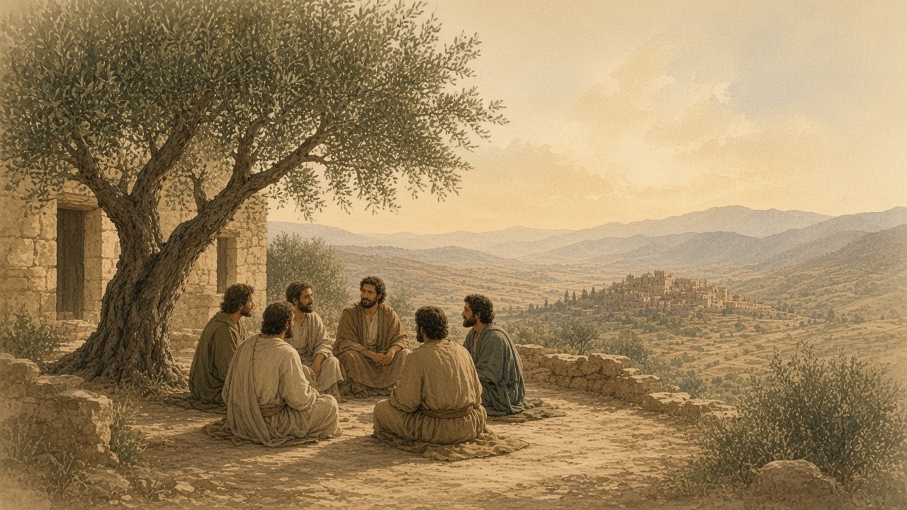 A small group gathers in a courtyard as wind moves through the olive leaves above them.