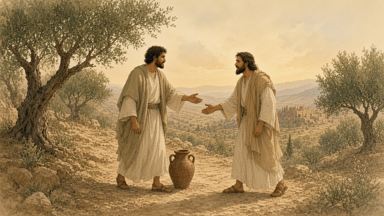 Two people meet on a path and take each other's hands, a cracked jar set aside nearby.