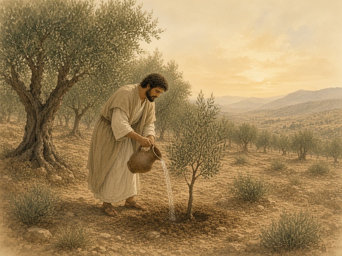A gardener waters a young olive sapling.
