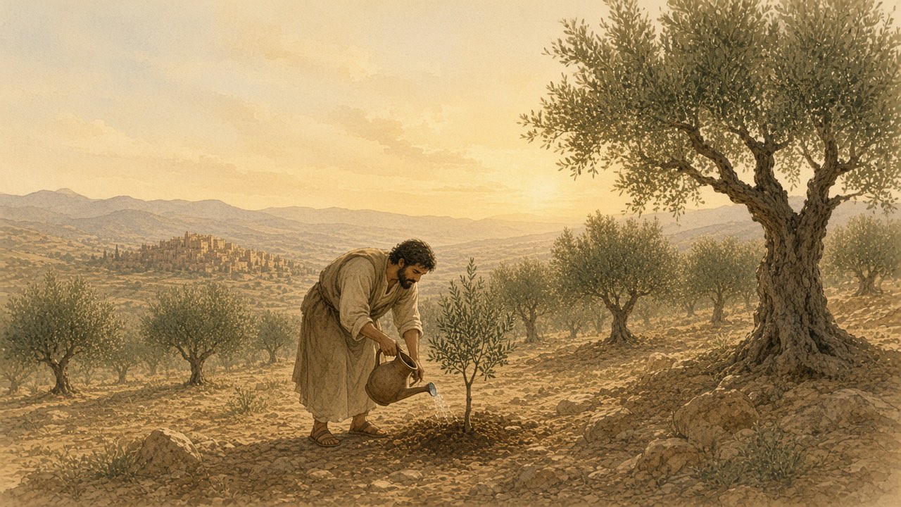 A gardener waters a young olive sapling in a row of trees that grow taller with age.