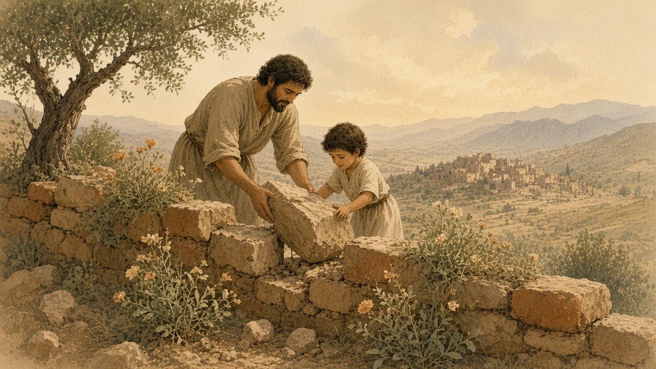 A worker and a child set a new stone into a broken wall where flowers grow through the gaps.