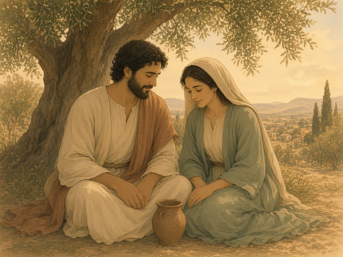 A woman and a man sit together under an olive tree with a valley behind them.