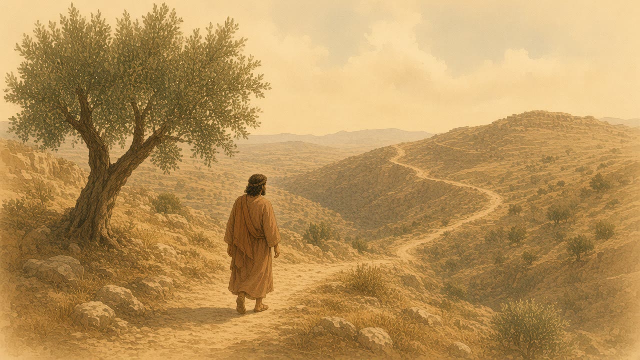 A traveler follows a path down through a valley and up toward a sunlit ridge.