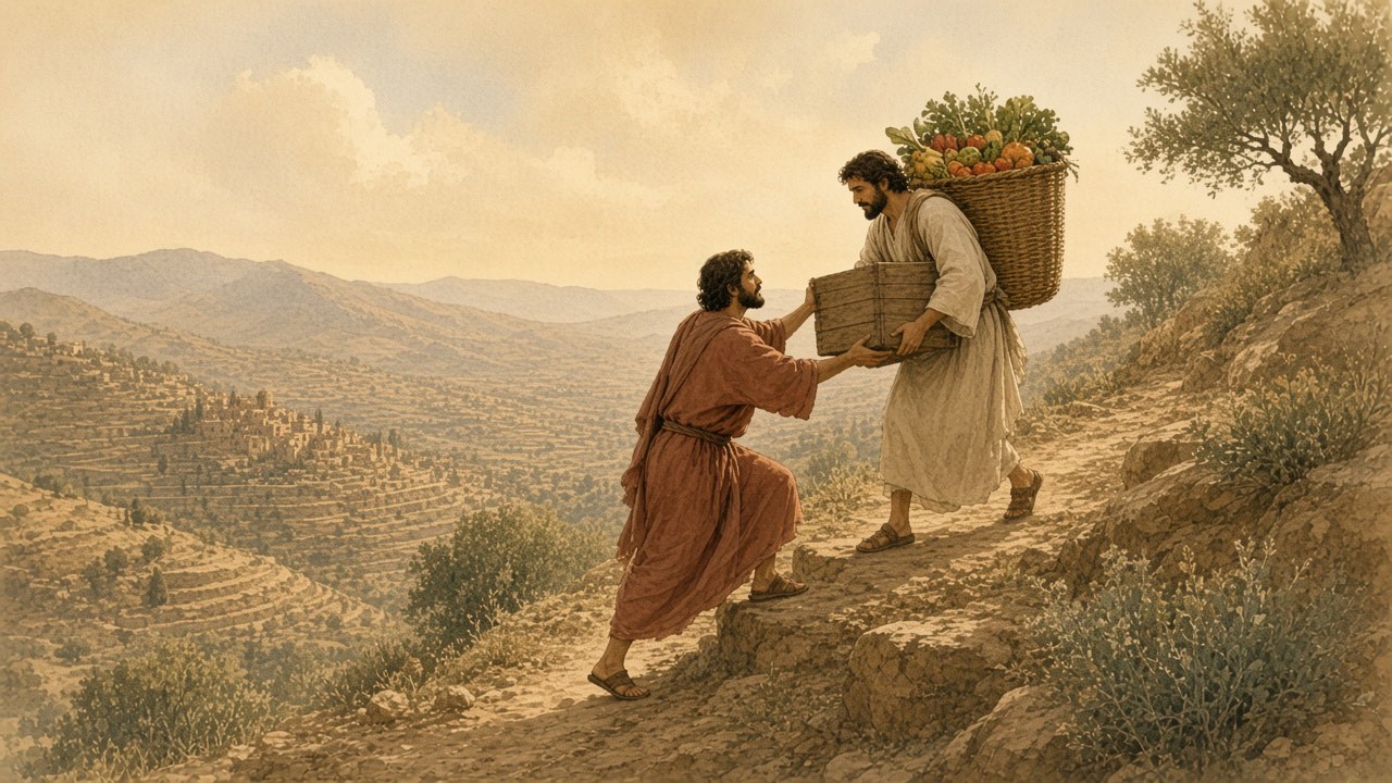 On a narrow path, a person steps aside and then helps carry another traveler's heavy load.
