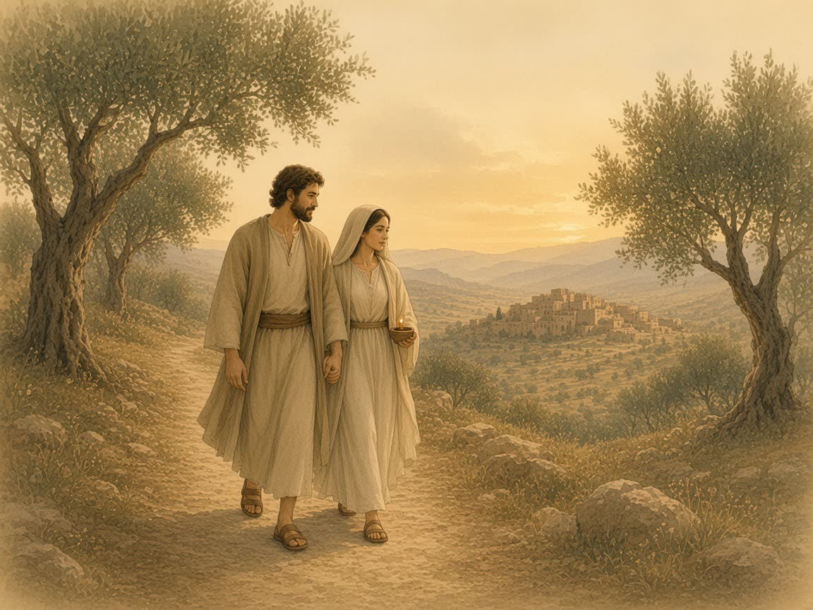 A woman and a man walk an olive path at dusk, a seal cord at his chest and a lamp in her hand.