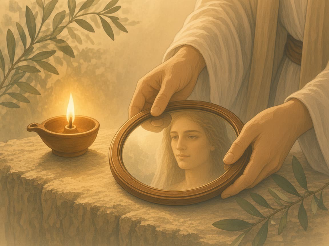 A hand holds a bronze mirror that shows a soft, incomplete reflection of a face.