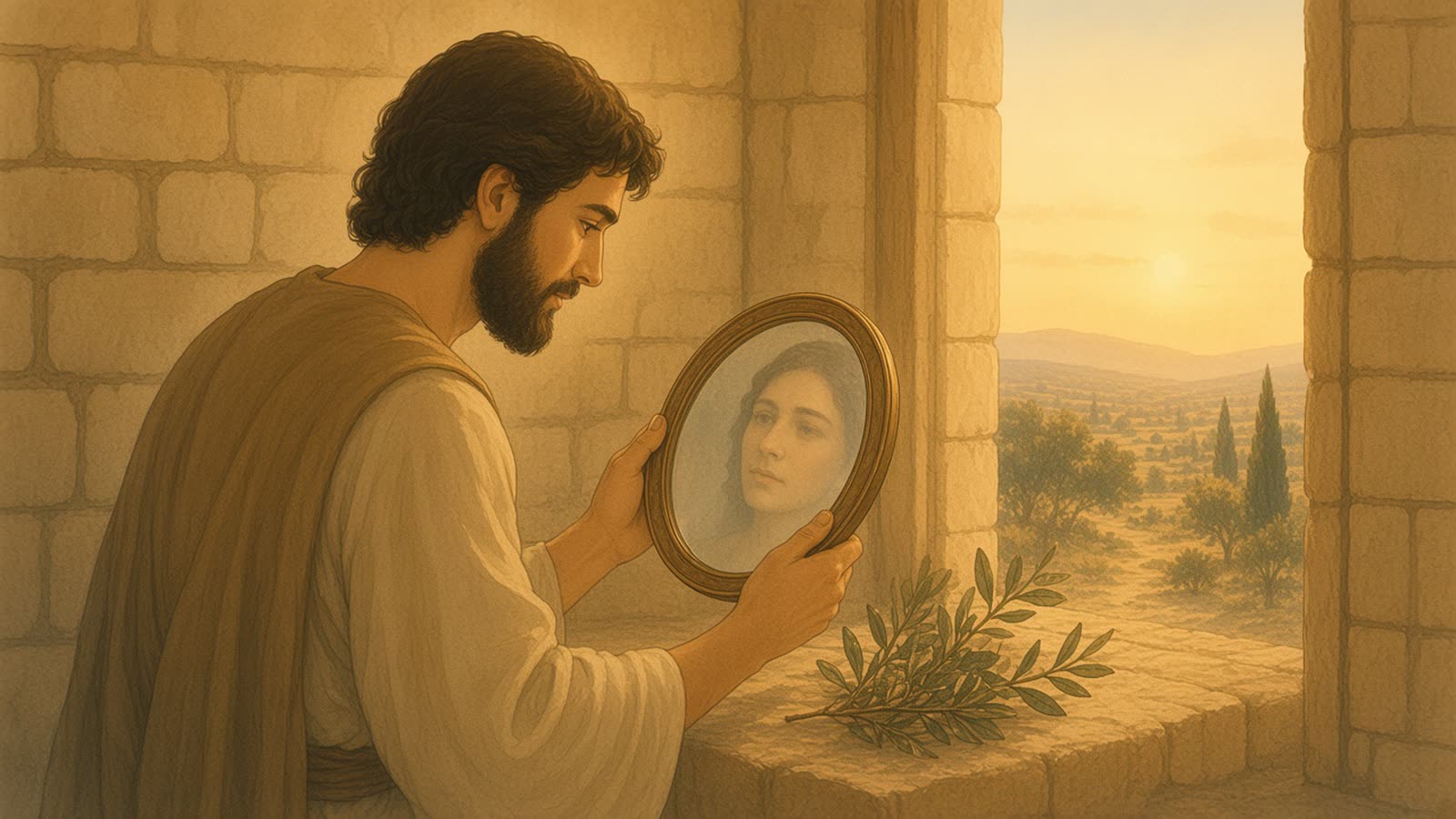A person holds a polished bronze mirror whose reflection is soft, with a bright doorway behind them.