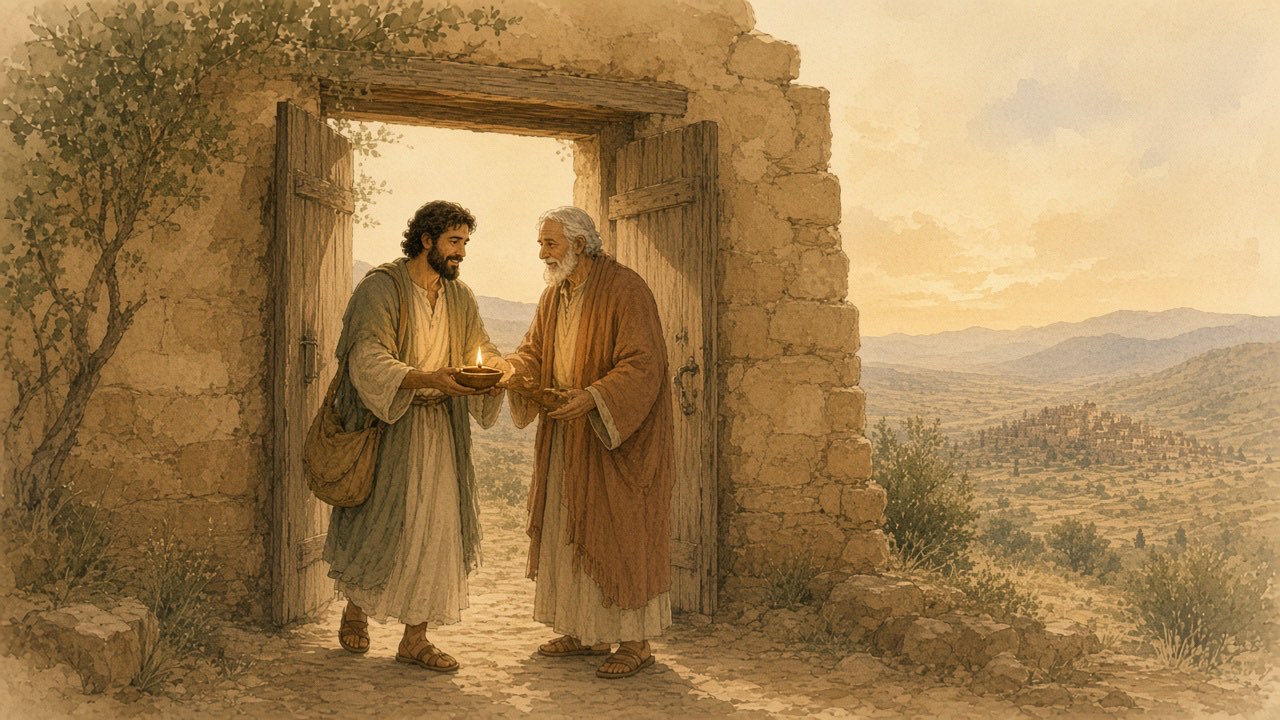At an open courtyard gate, a family member with a lit lamp welcomes someone home.