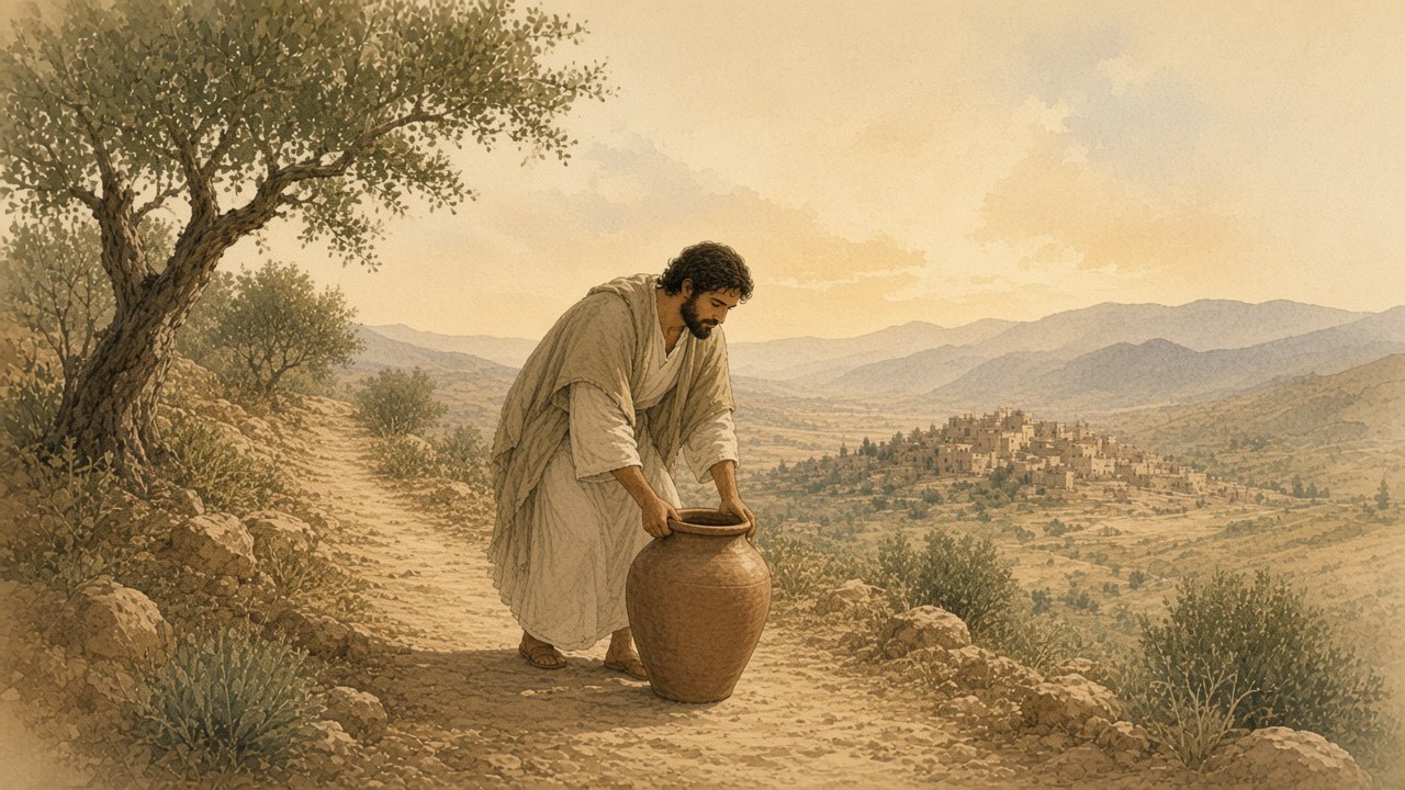 A person walks down from a quiet hilltop and lifts a neighbor's heavy water jar in the lane.