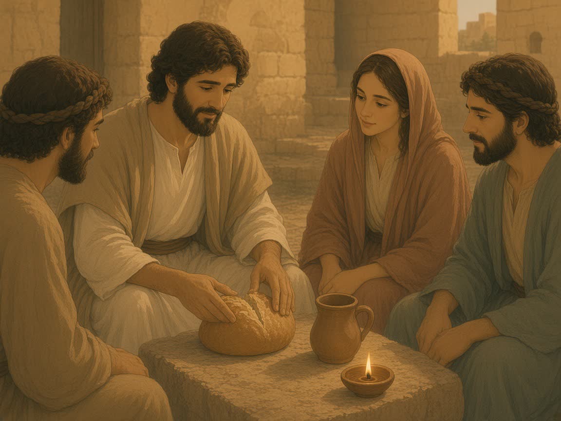 Hands break a round loaf on a stone table beside a clay cup and a small oil lamp.