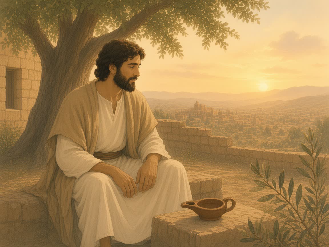 Open hands rest on a seated person's knees beside an unlit clay lamp at dawn.