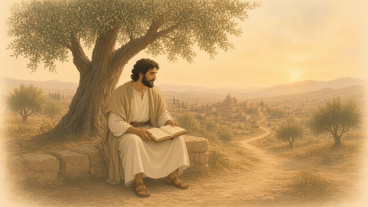 One person sits at dawn on a stone overlook beside an olive tree, a path leading toward a town.