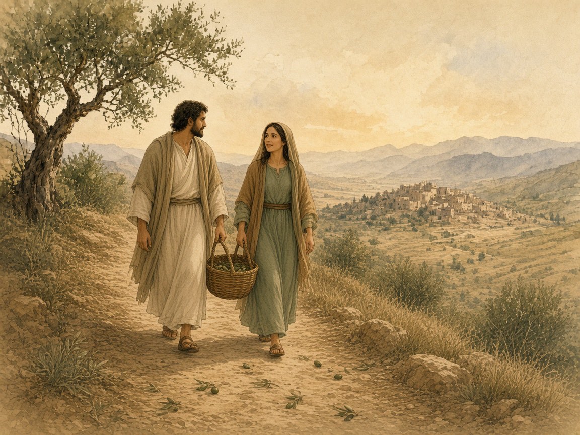 A man and a woman walk an olive path carrying a basket between them.