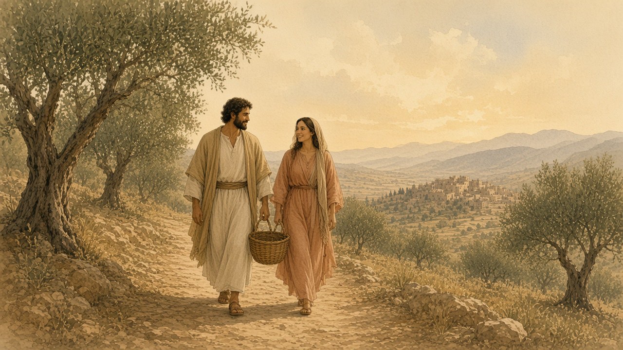 Two friends walk an olive-grove path carrying a basket between them.