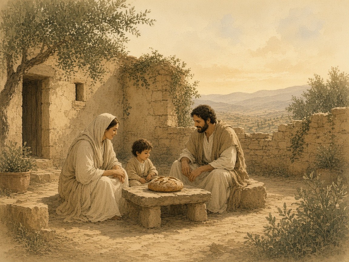 A mother, a father, and a child gather around bread in a courtyard.